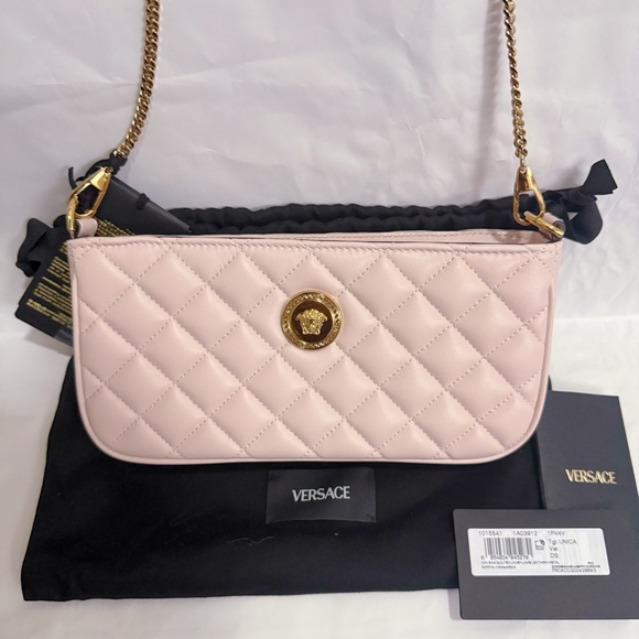 NWT VERSACE La Medusa Nappa Leather Quilted Baguette Crossbody Bag Light Pink - Picture 2 of 12